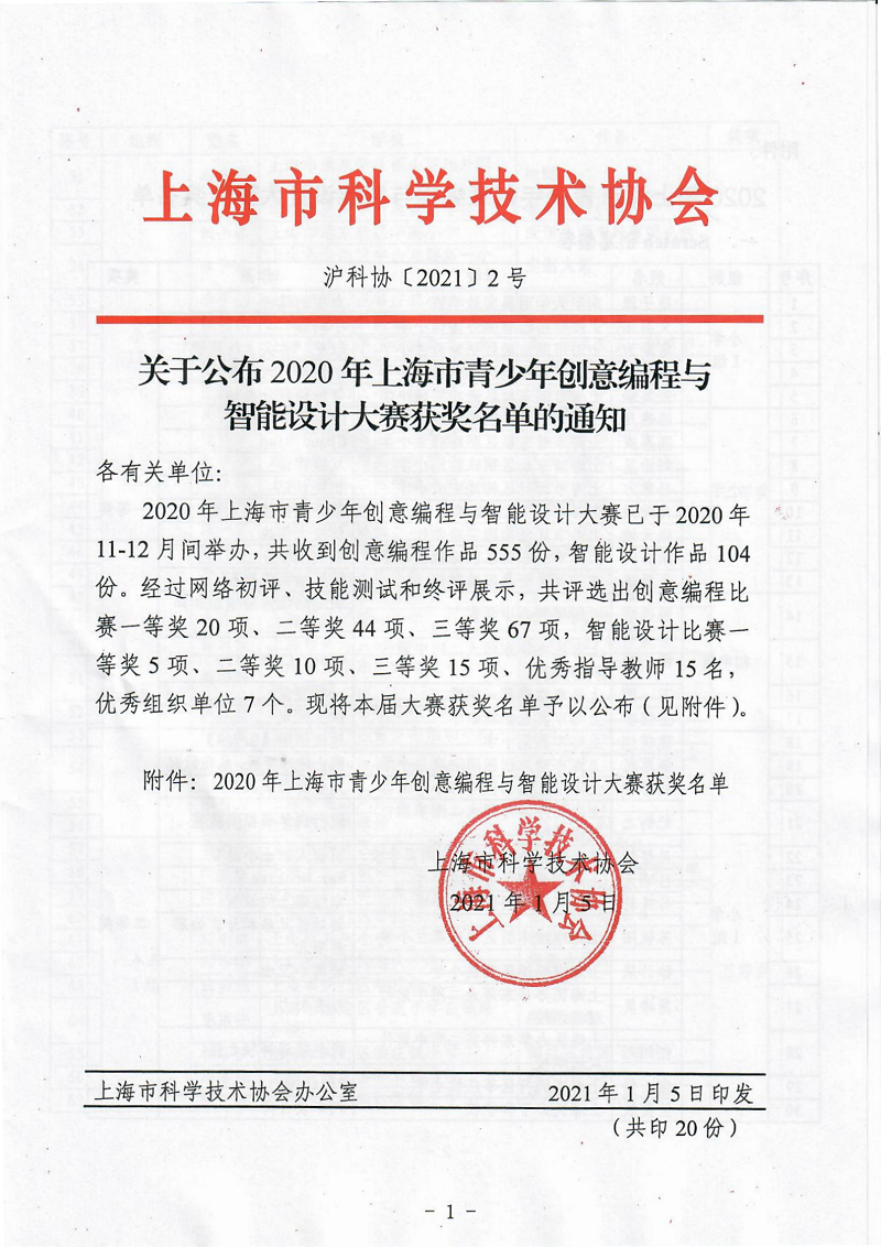 关于公布2020年上海市青少年创意编程与智能设计大赛获奖名单的通知